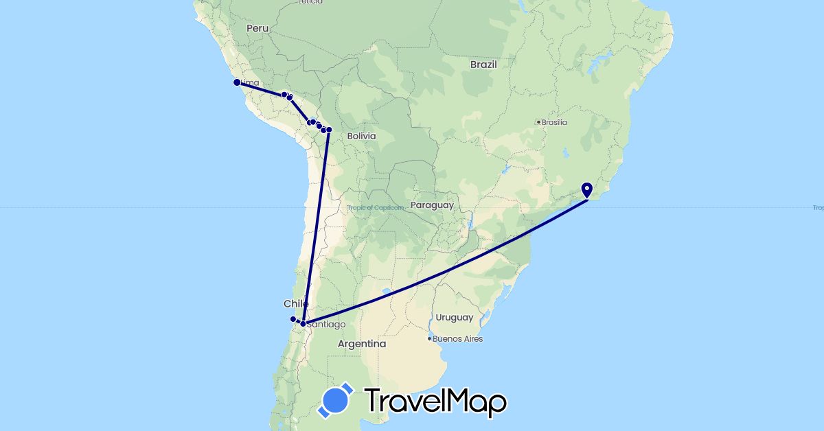 TravelMap itinerary: driving in Bolivia, Brazil, Chile, Peru (South America)