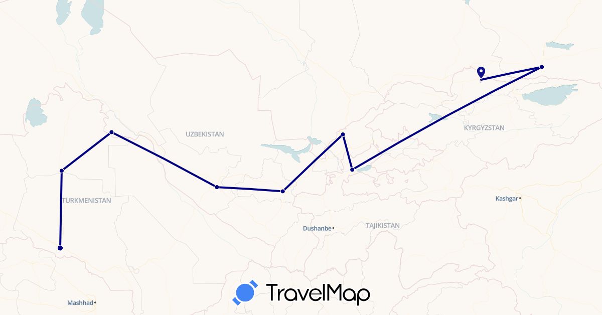 TravelMap itinerary: driving in Kyrgyzstan, Kazakhstan, Tajikistan, Turkmenistan, Uzbekistan (Asia)